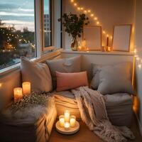 AI generated Intimate corner with cushions, candles, and love quotes photo