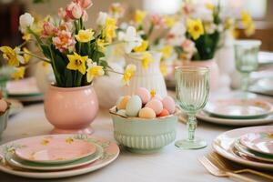 AI generated Charming Egg Cups, Floral Plates, and Pastel Napkins photo