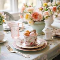 AI generated Charming Egg Cups, Floral Plates, and Pastel Napkins photo