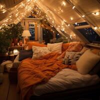 AI generated Cozy blanket fort, fairy lights, and shared laughter photo