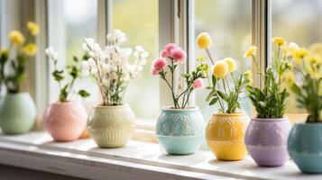 AI generated Springtime Windowsill Decor Featuring Painted Eggs and Potted Blooms photo