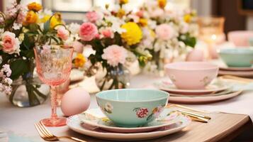 AI generated Charming Egg Cups, Floral Plates, and Pastel Napkins photo