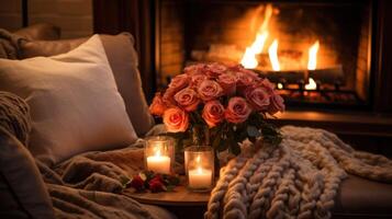 AI generated Fireplace adorned with roses, candles, and cozy throws photo