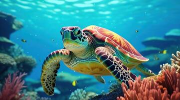 AI generated swim with sea turtle on coral reefs photo