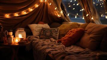 AI generated Cozy blanket fort, fairy lights, and shared laughter photo