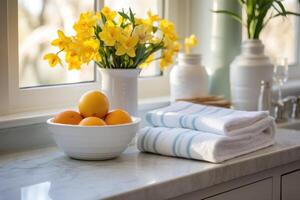 AI generated Easter-themed Towels and Fresh Flower Arrangements photo