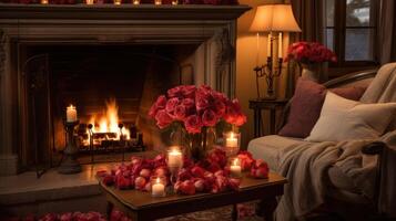 AI generated Fireplace adorned with roses, candles, and cozy throws photo