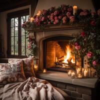 AI generated Fireplace adorned with roses, candles, and cozy throws photo