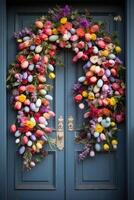 AI generated Easter Wreath with Colorful Eggs and Spring Florals photo