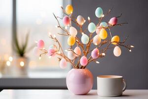 AI generated Minimalist Easter Egg Tree Illuminated by Soft Pastel String Lights photo