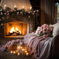 AI generated Fireplace adorned with roses, candles, and cozy throws photo