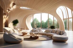 AI generated the living room has wooden walls and circular tables in an open wooden space photo