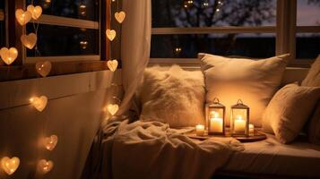 AI generated Intimate corner with cushions, candles, and love quotes photo
