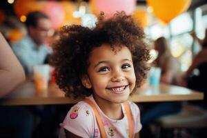AI generated little girl smiling at a restaurant for her birthday party photo