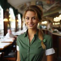 AI generated a waitress in a restaurant with a tray delivers an order photo