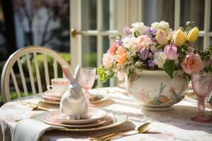 AI generated Floral Centerpiece, Bunny Plates, and Easter-themed Linens photo