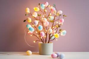 AI generated Minimalist Easter Egg Tree Illuminated by Soft Pastel String Lights photo