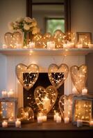 AI generated Love-themed Frames, Candles, and Intertwined Fairy Lights photo