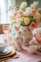 AI generated Floral Centerpiece, Bunny Plates, and Easter-themed Linens photo