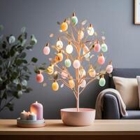 AI generated Minimalist Easter Egg Tree Illuminated by Soft Pastel String Lights photo
