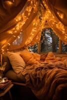 AI generated Cozy blanket fort, fairy lights, and shared laughter photo