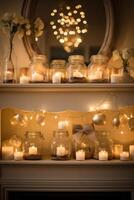 AI generated Love-themed Frames, Candles, and Intertwined Fairy Lights photo