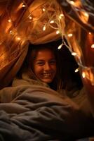 AI generated Cozy blanket fort, fairy lights, and shared laughter photo