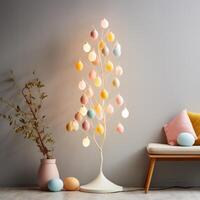 AI generated Minimalist Easter Egg Tree Illuminated by Soft Pastel String Lights photo