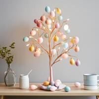 AI generated Minimalist Easter Egg Tree Illuminated by Soft Pastel String Lights photo