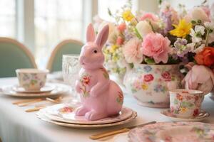 AI generated Floral Centerpiece, Bunny Plates, and Easter-themed Linens photo