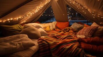 AI generated Cozy blanket fort, fairy lights, and shared laughter photo