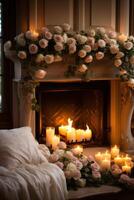 AI generated Fireplace adorned with roses, candles, and cozy throws photo