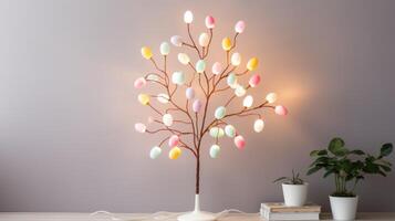AI generated Minimalist Easter Egg Tree Illuminated by Soft Pastel String Lights photo