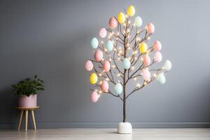 AI generated Minimalist Easter Egg Tree Illuminated by Soft Pastel String Lights photo