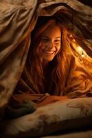 AI generated Cozy blanket fort, fairy lights, and shared laughter photo