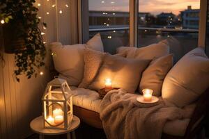 AI generated Intimate corner with cushions, candles, and love quotes photo