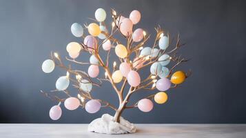 AI generated Minimalist Easter Egg Tree Illuminated by Soft Pastel String Lights photo