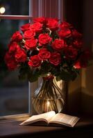 AI generated Red Rose Bouquet, Heartfelt Quotes, and Soft Ambient Light. photo
