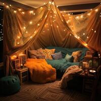 AI generated Cozy blanket fort, fairy lights, and shared laughter photo