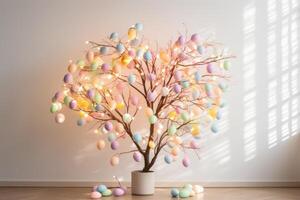 AI generated Minimalist Easter Egg Tree Illuminated by Soft Pastel String Lights photo