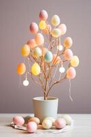 AI generated Minimalist Easter Egg Tree Illuminated by Soft Pastel String Lights photo
