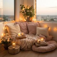 AI generated Intimate corner with cushions, candles, and love quotes photo