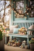 AI generated Quaint Country Porch Decorated with Hand-Painted Wooden Easter Signs photo