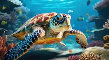 AI generated swim with sea turtle on coral reefs photo