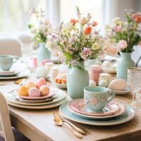 AI generated Charming Egg Cups, Floral Plates, and Pastel Napkins photo