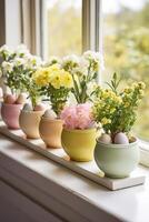 AI generated Springtime Windowsill Decor Featuring Painted Eggs and Potted Blooms photo