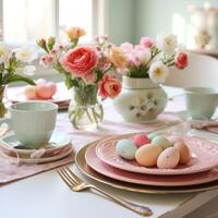 AI generated Charming Egg Cups, Floral Plates, and Pastel Napkins photo