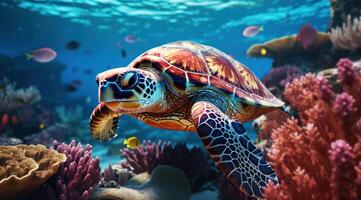 AI generated swim with sea turtle on coral reefs photo