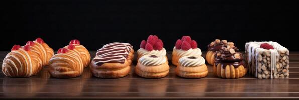 ai generado algunos diferente tipos de pasteles forrado arriba en un mesa foto