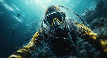 AI generated scuba diver in a body suit swimming underwater photo